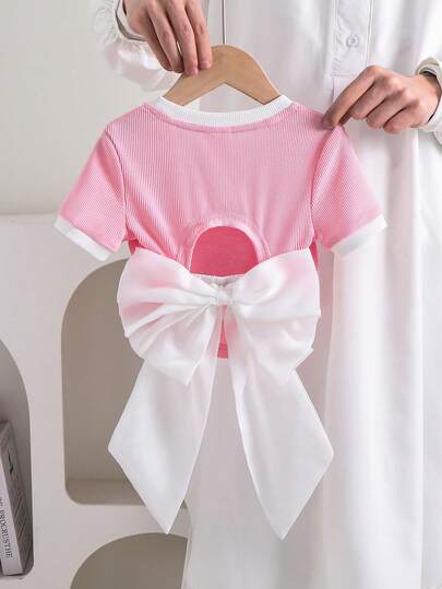 Young Girl Solid Color Knit Fitted Cropped Backless T-Shirt With Organza Oversized Bow Decor, Fashionable French Elegant, Back To School, Y2K, Sweet & Cool Lady Style