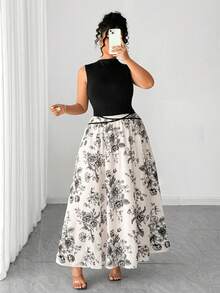 Elenzga Elegant Floral Print Sleeveless A-Line Waist Tie Dress, Suitable For Music Parties, Holidays, Daily Wear, Shopping, Commuting Plus Size Floral Maxi Skirt Elegant Curve Dress Plus Size Elegant Dress Plus Size Evening Dress Plus Size Long Skirts Floral Print Skirt Long Skirts And Top Set Long Skirt 2 Piece Elegant Skirt - Black - View 8