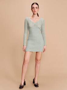 lacRébo Sage Green Crochet And Rib Knit Long Sleeve V Neck Mini Dress Spring Summer Spring Summer Valentines Day - Green - View 1