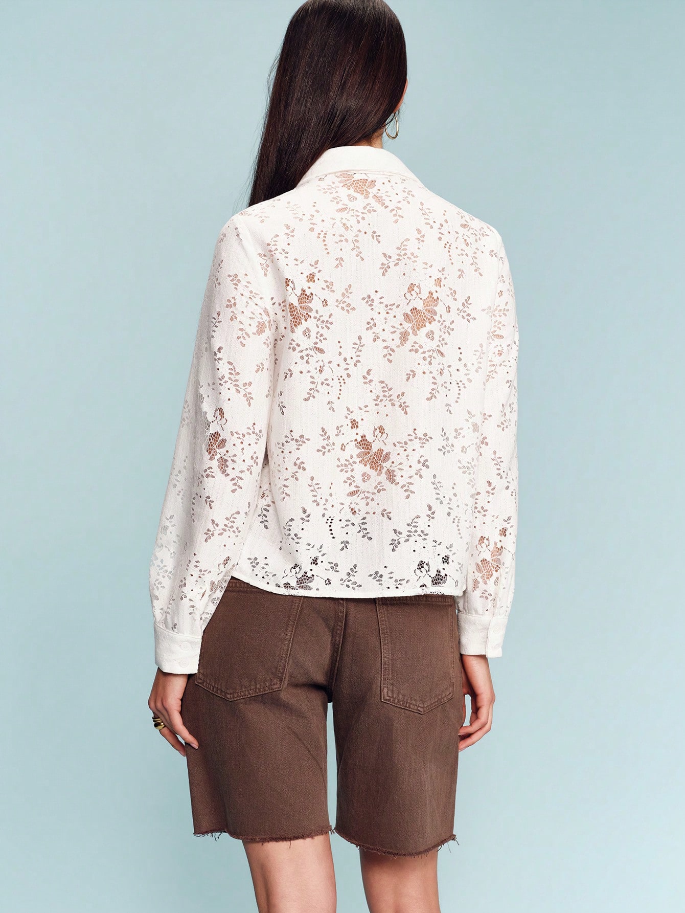 Romantic White Floral Button Front Shirt With Classic Collar Long Sleeves In Delicate Floral Lace Fabric Feminine Spring Summer Blouse French Style Parisian Style