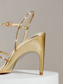 SHUZIA Women's Elegant Minimalist Square Toe Rhinestone Ankle Strap Stiletto Heel Sandals - Gold - View 7