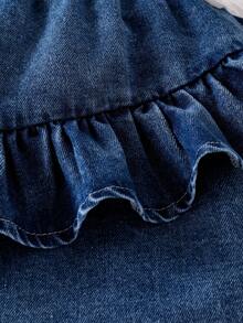 2pcs Baby Girls' Knit Bowknot Sleeveless Top And Denim Patchwork Ruffle Hem Skirt Set, Fashionable & Cute Children Summer Elegant Outfit - White - View 4