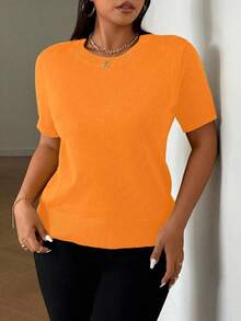 SHEIN LUNE 大码女式针织短袖圆领宽松毛衣 - 橘色 - 查看 3