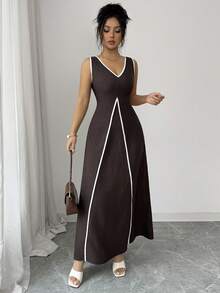 Siren Gaze Women's Elegant Sleeveless V-Neck Dress With Contrast Trim - Brown - View 6