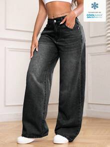 SHEIN PETITE Quần jeans ống đứng dáng thường ngày cho nữ, kiểu dáng wash. - màu đen - Xem 3