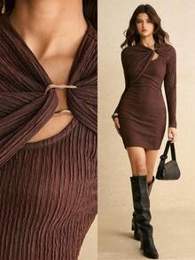 Poéselle Robe mini moulante à la mode à col asymétrique, couleur unie, pour femme - Tabac - Voir 3
