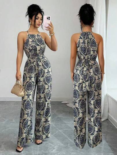 Elenzga Women's Elegant Print Sleeveless Halter Criss-Cross Waist Wide Leg Jumpsuit, Spring/Summer