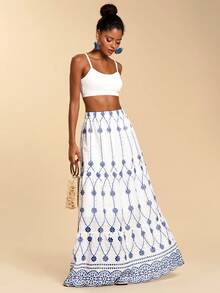 Travachic Women's Blue And White Boho A Line Long Skirt With Ruffle Hem Geometric Pattern Woven Fabric - Blue and White - View 4