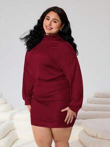 SHEIN EZwear Đầm ngắn nữ màu đỏ tía cổ đứng, màu trơn, thời trang, kiểu dáng thường ngày. - Màu Đỏ Sâu - Xem 4