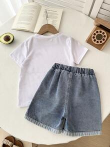 2件套儿童男童休闲百搭舒适圆领宽松短袖针织T恤和短裤套装，适合春夏穿着 - 白色 - 查看 5