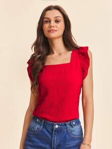 Coeurva Solid Ruffle Trim Bubble Texture Blouse Summer Women Beach Square Neck Summer Red Top