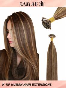 K型接发，100%真人发，#P4/27，中棕色和金色直发，长度14-22英寸，V型接发，丝滑无痕，隐形效果，顶级品质，发尾浓密，健康真人发，50片/包，热熔接发，持久耐用，适合发量稀少的女性，沙龙级使用。 - SP4/27 - 查看 1