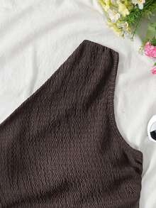 SHEIN Tween Girl Solid Color Asymmetric Neckline Casual Tank Top - Khaki - View 4