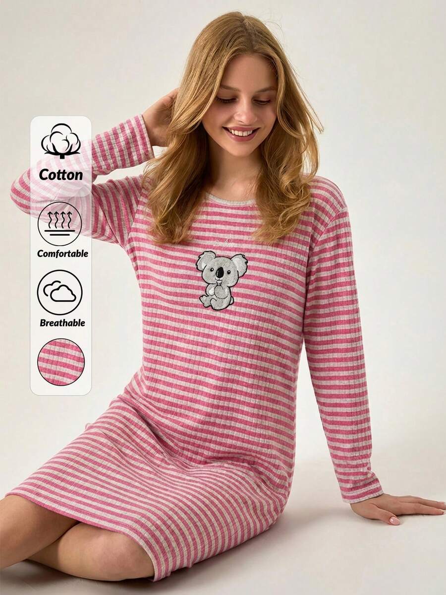 Loomlin 女士棉质撞色条纹圆领考拉刺绣家居服睡衣连衣裙 - 粉色 - 查看 1