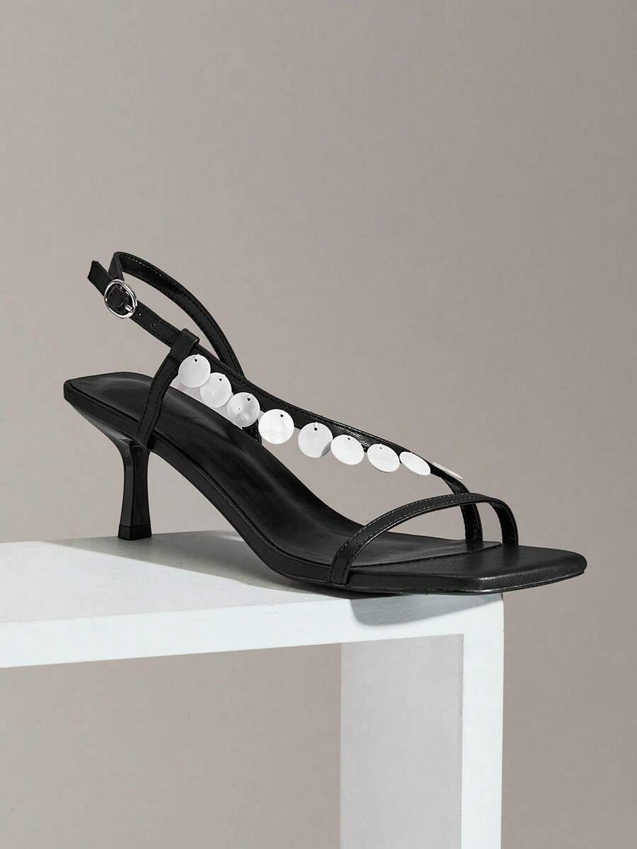 SHUZIA Women's Sexy Metal Chain Kitten Heeled Sandals Valentine's Day - Black - View 1