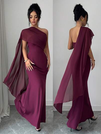 Rafferiza New Summer Women's Long Dress, Elegant Dress, Party Dress, Off-Shoulder Ribbon Dress, Plum Red Dress, Slimming Long Dress. One Shoulder Dress Elegant Plum Dress Burgundy Bridesmaid Dress Curve Elegant Dress