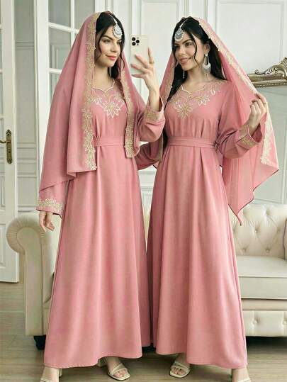 1pc Floral Embroidered Elegant Long Sleeve Dress For Teenage Girls, Includes Soft Velvet Fabric, Traditional Details, And Teenage Girl Dress Elements, With Shawl