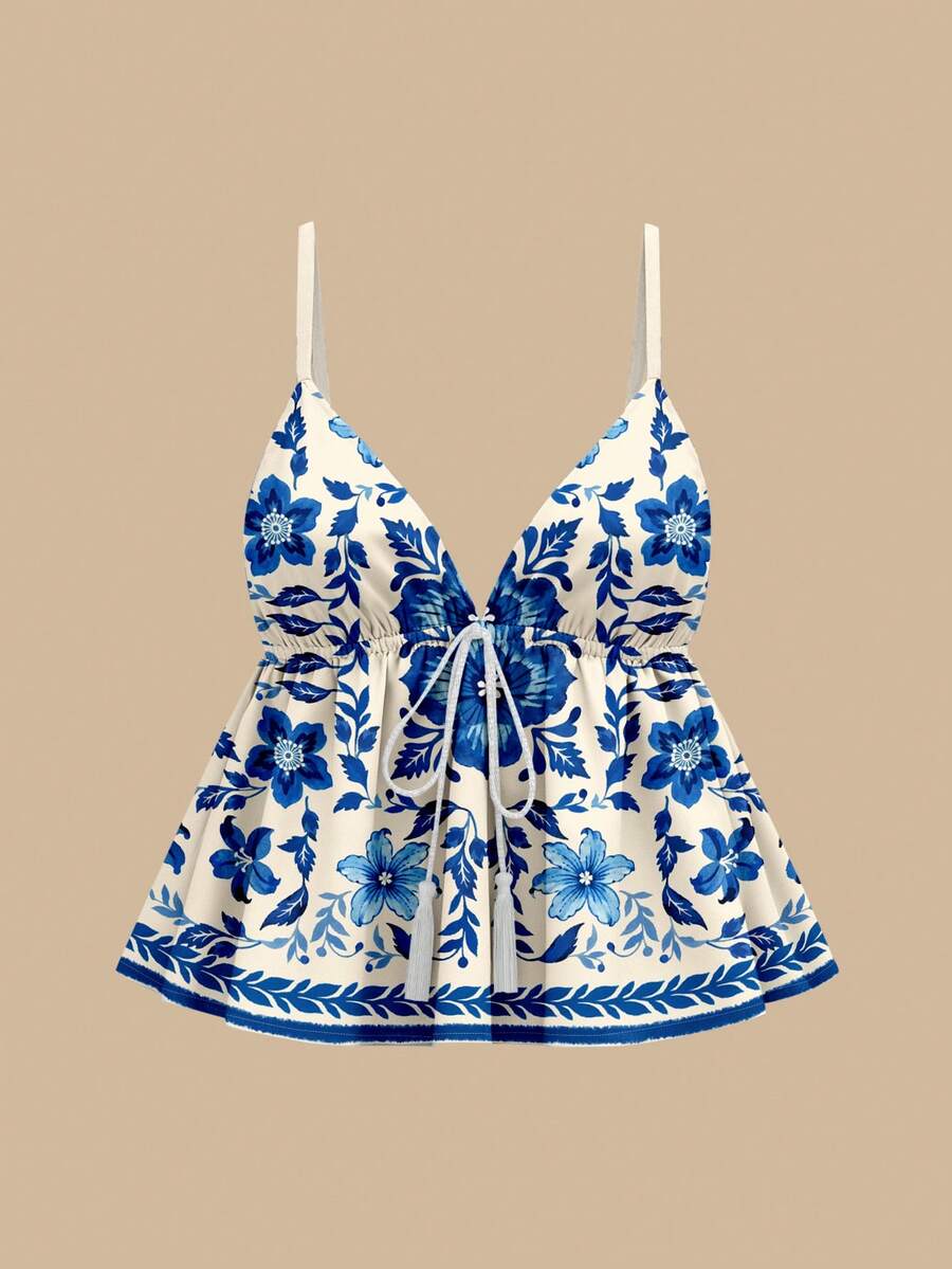 Travachic Women's Casual Minimalist Woven Bohemian Blue White Floral Print A-Line Spaghetti Strap Tassel Hem Tank Top, Spring Summer Beach Vacation Outfit, Boho Tropical Vacation Party Date Sexy Wedding Guest B Spring - Multicolor - View 1