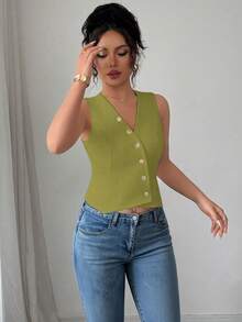 Elenzga 女士休闲日常通勤简约纯色V领纽扣门襟修身背心，夏季 - 青檸色 - 查看 6