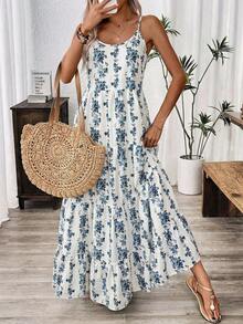 Balvessa Women's Floral Print Ruffle Hem Spaghetti Strap A-Line Dress, Vacation - Blue and White - View 3