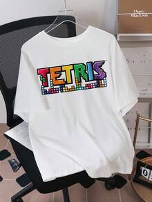Tetris™ X SHEIN 男士休闲日常通勤百搭字母印花落肩宽松白色T恤，夏季 - 白色 - 查看 1