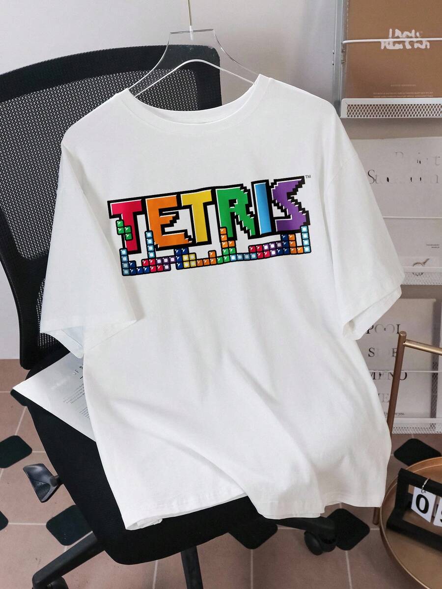 Tetris™ X SHEIN 男士休闲日常通勤百搭字母印花落肩宽松白色T恤，夏季 - 白色 - 查看 1
