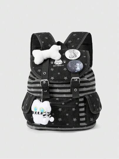 Grunge Punk Mochila negra de estilo punk con estampado de pata de gato, hueso y estrella en contraste de color, con múltiples bolsillos, mochila casual de gran capacidad y unisex adecuada para ir al trabajo o a la escuela