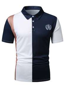 Manfinity Mode 男士休闲日常通勤徽章印花撞色短袖Polo衫，夏季蓝黑白衬衫，男士高尔夫球衫，男士Polo衫，蓝白套装，男士服装，复古风格，日常休闲，周末旅行，户外活动，探险旅行，轻松的工作环境或半正式场合，男友/丈夫礼物，周年纪念/生日礼物，派对，暑假，新年，婚礼，情人节 - 彩色 - 查看 7