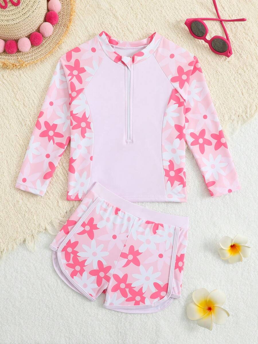 SHEIN 2件套女童碎花印花舒适针织长袖短裤拉链泳衣套装，适合海滩、泳池、度假、夏季、旅行。儿童女童防晒泳衣2件套，女童长袖泳衣套装，长袖和短裤拉链套装，适合青少年粉色泳衣。儿童碎花泳衣套装3件套，女童长袖泳衣。 - 彩色 - 查看 1