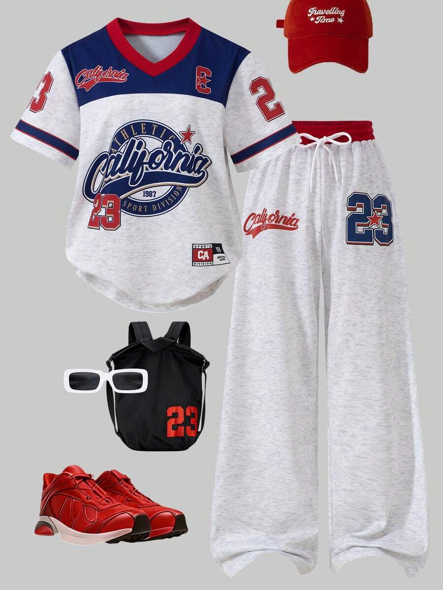 2pcs/Set Casual Street Style Knit T-Shirt & Sweatpants Set For Teenage Girls, Suitable For Outdoor, Sports, American Style - Grey - View 1