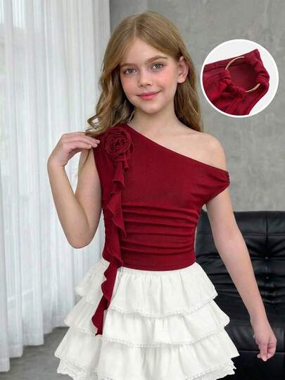 Firerie Kids Parte superior/camiseta sin mangas con cuello redondo, volantes asimétricos 3D y estampado floral francés elegante informal para niña preadolescente, adecuada para primavera/verano, vacaciones y salidas diarias, color rojo