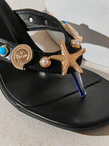 SHUZIA Women's Minimalist Comfortable Thong Strap Heeled Sandals With Seastar Ornaments - Black - View 7