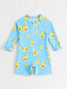 SHEIN 新生儿/婴儿男童拉链前开式防晒泳衣，夏季海滩度假套装 - 藍色 - 查看 5