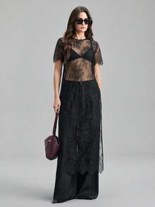 Ontre 2026 New Spring/Summer Women's Woven Fabric Romantic Valentine's Day Design Black Loose Fit Round Neck Short Sleeve Lace Long Blouse, 4th Of July Urban Chic Minimalist Fashion Commuter - Black - View 7
