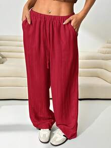 SHEIN EZwear 女士加大码宽松红色梭织裤 - 紅色 - 查看 6