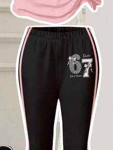 SHEIN Màu đen & hồng, phong cách thường ngày, sáng tạo, cá tính, tươi mới, cao cấp, họa tiết hoa nơ số 67, bộ 2 món gồm áo thun tay ngắn cổ tròn dáng rộng và quần ống loe cho bé gái, phù hợp cho mọi mùa, mặc hàng ngày, đi chơi, dự tiệc, trang phục mùa xuân & hè, thoải mái, nhiều lớp cho bé gái, trẻ em sành điệu, trang phục thường ngày, quần áo trẻ em in hình nơ số, sang trọng cho kỳ nghỉ, phong cách mới, #POV, trở lại trường học - Nhiều màu - Xem 5