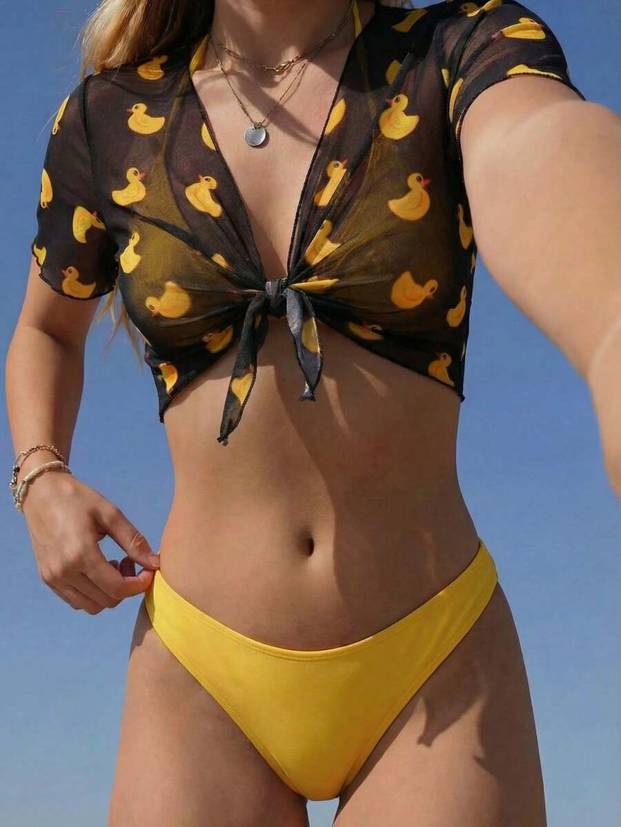 Swim Mod 女士纯色吊带比基尼泳装套装，搭配系带前罩衫，简约时尚休闲日常穿着，适合夏季海滩度假，情侣装 - 彩色 - 查看 1