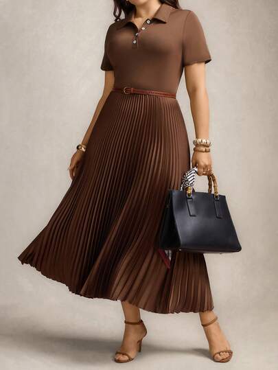 Zelara 大码夏季休闲纯色褶裥下摆连衣裙