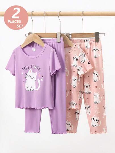 Young Girl Cute Cat Print Short Sleeve Top And Pants Pajama Set, Comfortable For Summer