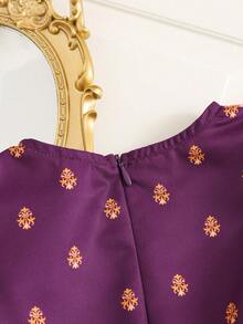 SHEIN 少女编织花卉撞色圆领休闲连衣裙 - 紫色 - 查看 6