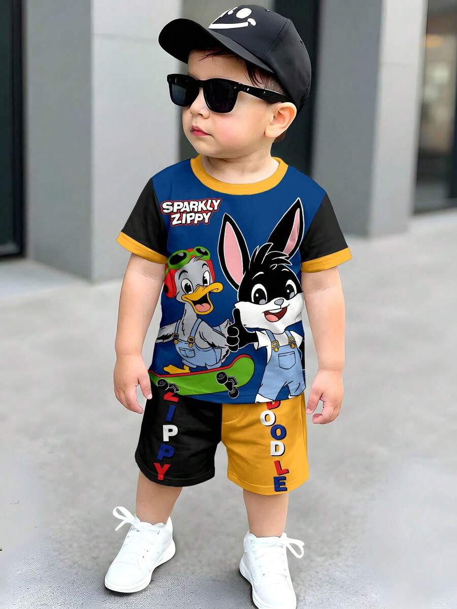 SHEIN 2pcs/Set Young Boy Casual T-Shirt And Shorts Set, Classic Cute Animal Print, Duck And Rabbit Cartoon Animal Pattern