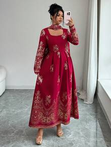 Elenzga 女士优雅时尚通勤休闲舒适迷人复古简约高端浪漫假日长袖方领收腰A字褶裥下摆围巾装饰设计烫金印花连衣裙（随机印花） - 紅色 - 查看 8