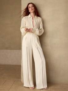 MOTF PREMIUM 撞色蕾丝褶裥直筒裤，春夏款 - 杏色 - 查看 7