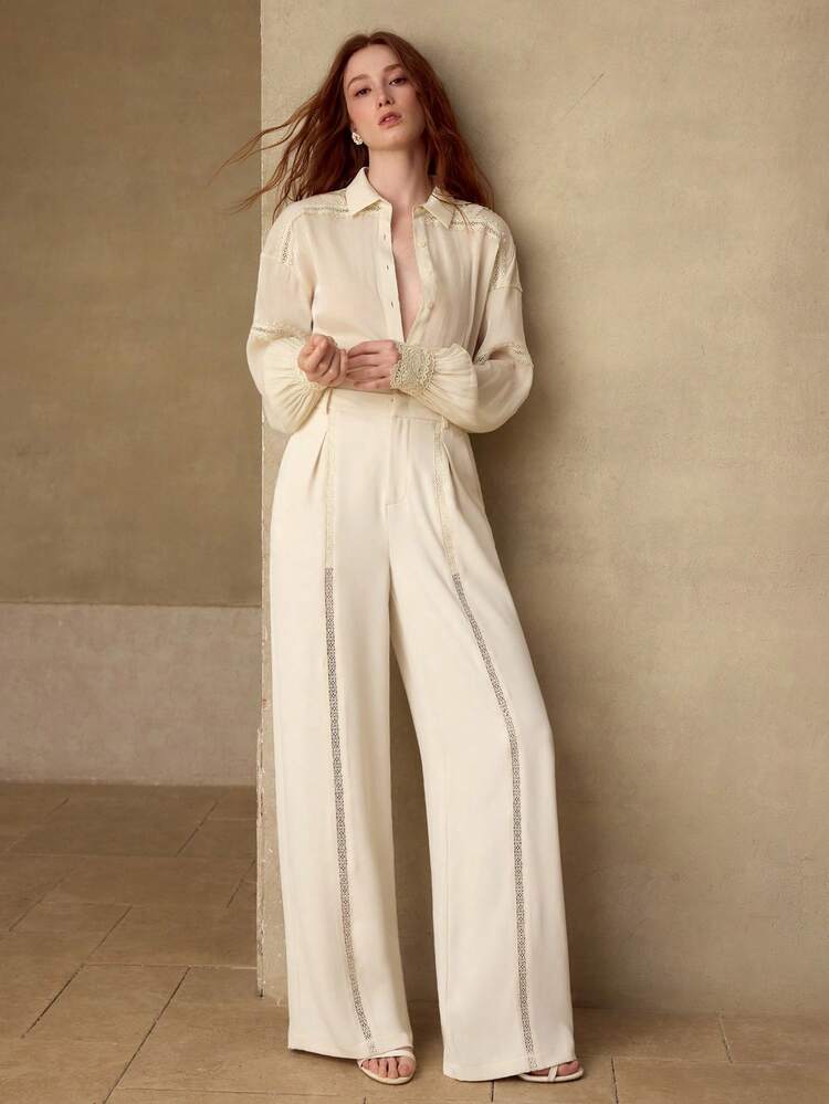 CONTRAST LACE FOLD PLEATED STRAIGHT LEG PANTS, SPRING/SUMMER