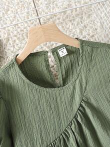 SHEIN 少女度假休闲时尚圆领泡泡袖中长连衣裙，适合海滩度假、午餐、音乐节等场合 - 綠色 - 查看 7