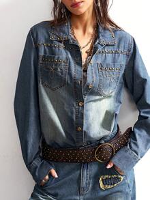 Bohemela 波西米亚风水钻装饰牛仔外套，女士高端休闲衬衫 - 藍色 - 查看 4