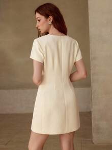 MOTF PREMIUM SPRING/SUMMER FLORAL APPLIQUES WAIST CINCHED SHORT DRESS - Apricot - View 4