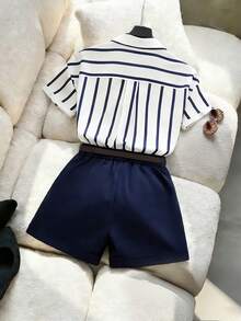 GlowEve 新款条纹衬衫短裤套装，轻薄面料，休闲通勤装，春夏款 - 藍色 - 查看 2
