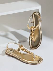 SHUZIA Women's Comfortable, Seastar Decor Strap Flat Sandals Summer Shoes - Gold - View 6