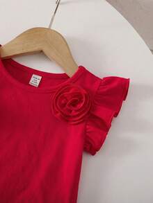 Baby Girl Cute Summer Versatile Knit Red Bow Tie Cap Sleeve Top - Red - View 4